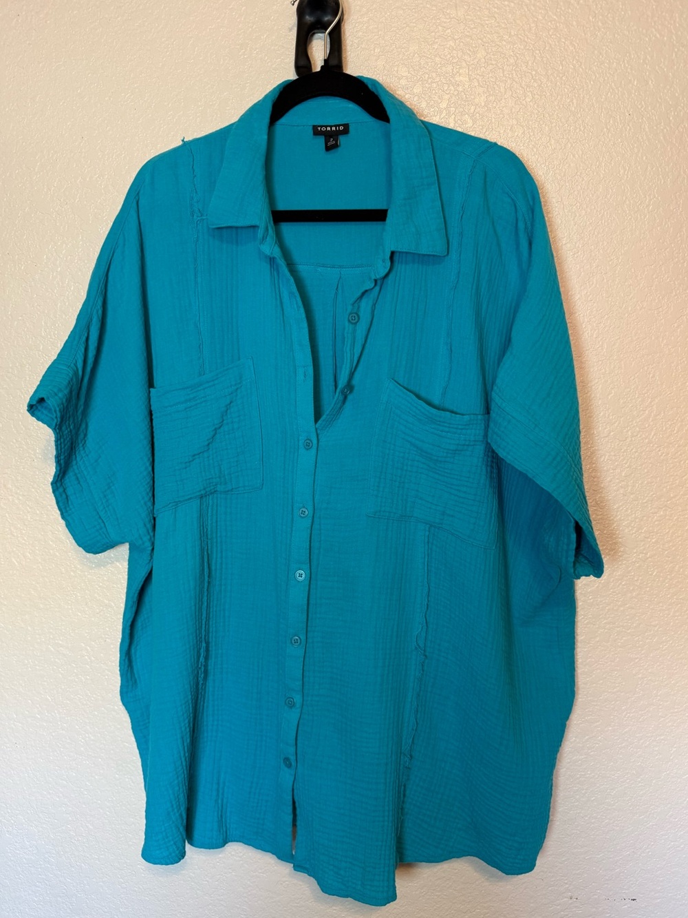 Torrid Dolman Sleeve Soft Gauze Button Up Short Sleeve Top Turquoise Size 2X - Picture 7 of 11